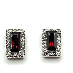 Emerald Cut Earrings Tourmaline and Diamond Gemstones Sterling Silver Deep Red